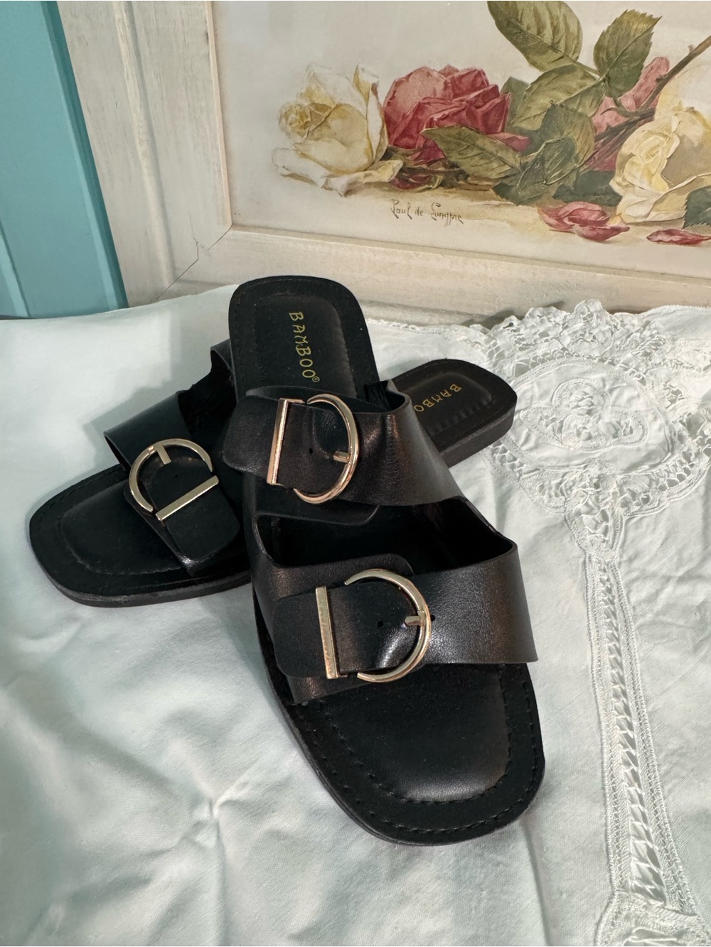 BAMBOO Black Double-Band Slide Sandals with Gold Buckles
